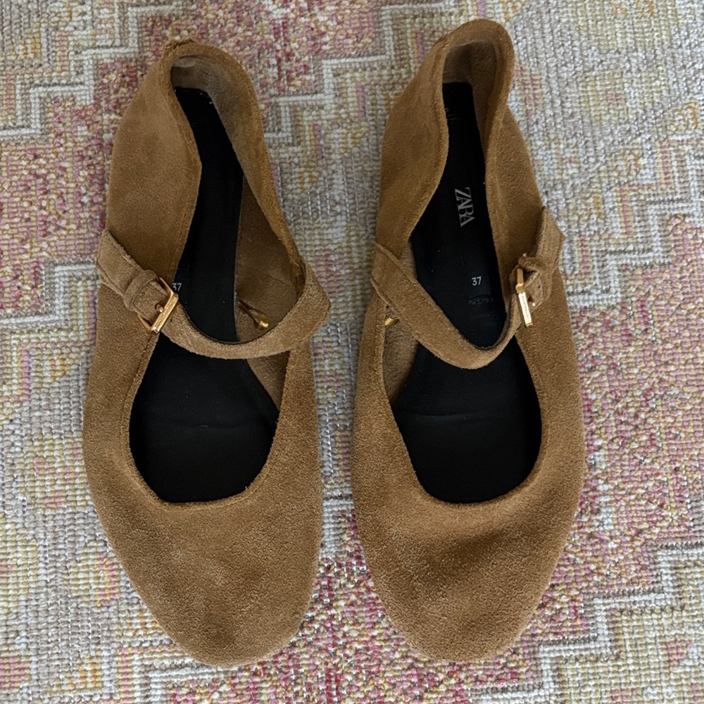 Zara Tan Suede Mary Jane Flats with Gold Buckle Size 37